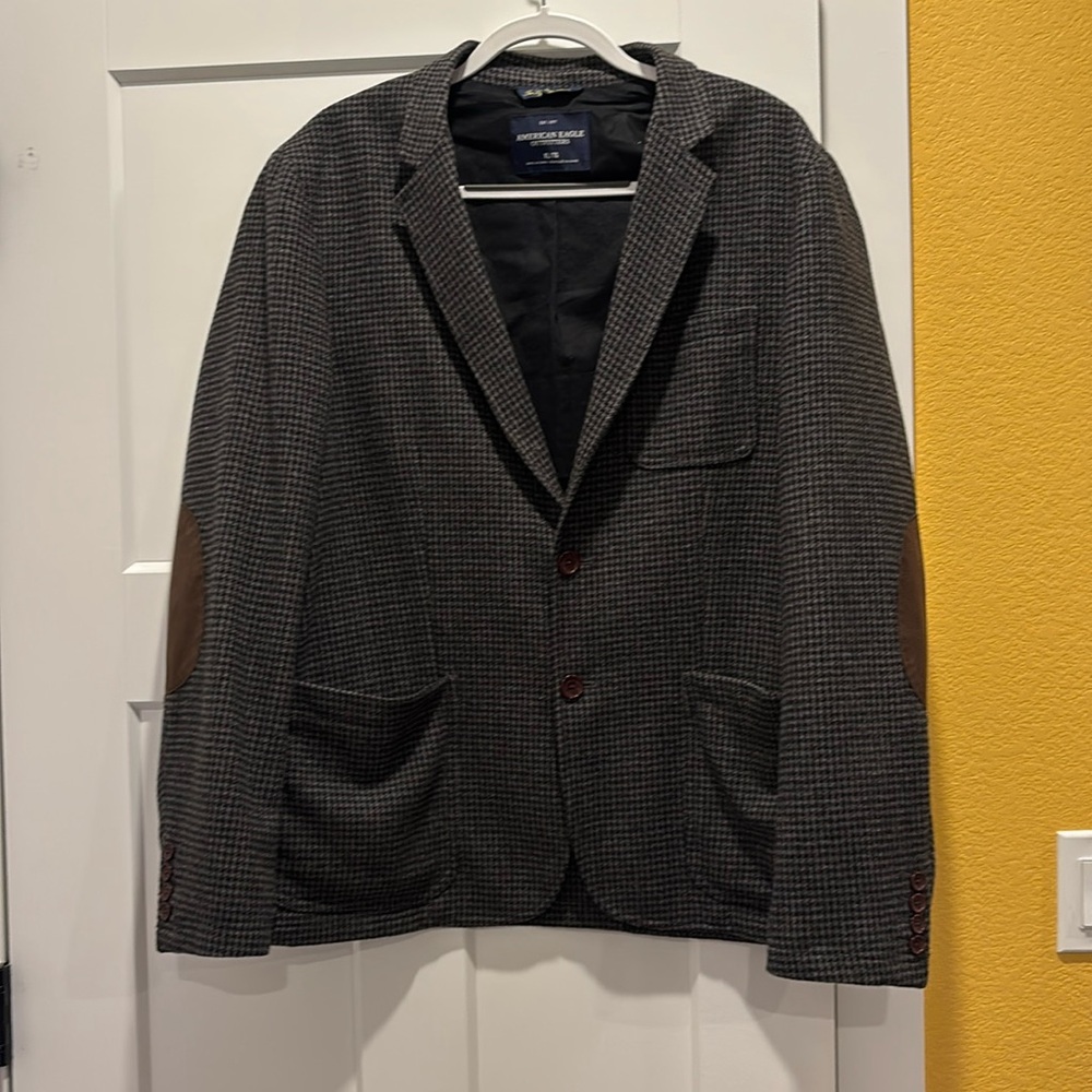 American Eagle Outfitters Wool Blend Black Gray Houndstooth Blazer Men's Sz XL